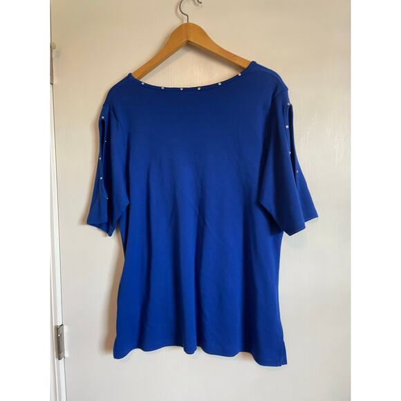 Quacker Factory blue short split sleeve knit top rhinestones stretchy Size L - Picture 2 of 7